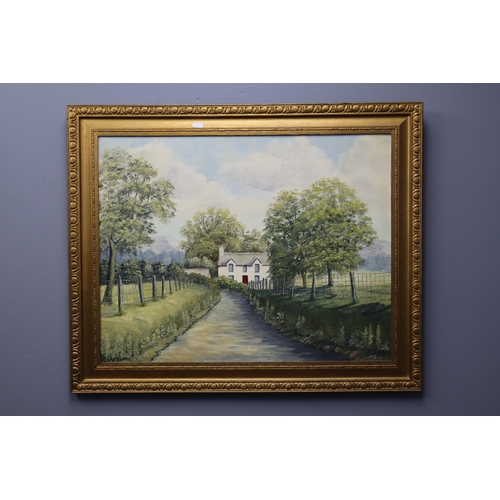 323 - A Framed Oil on Board By Jean Gildert, Depicting Cottage Scene. Approx 27