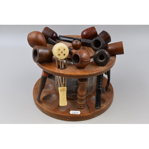 194 - Vintage Wooden Pipe Stand with Central Glass Storage Jar (a/f) and Ten Pipes including Flacon, Ronso... 