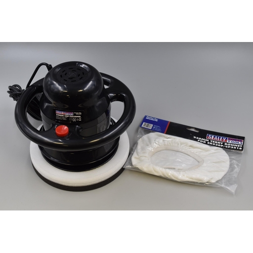 634 - Sealy power tools car polisher, 230mm, 90w/230v. Model No ER230P including 5 230mm Terry bonnet and ... 