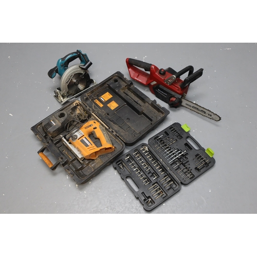 635 - Mixed Selection of Tools Including Circular Saw, Chainsaw, Drill and Drill Bits (No Battery Packs)