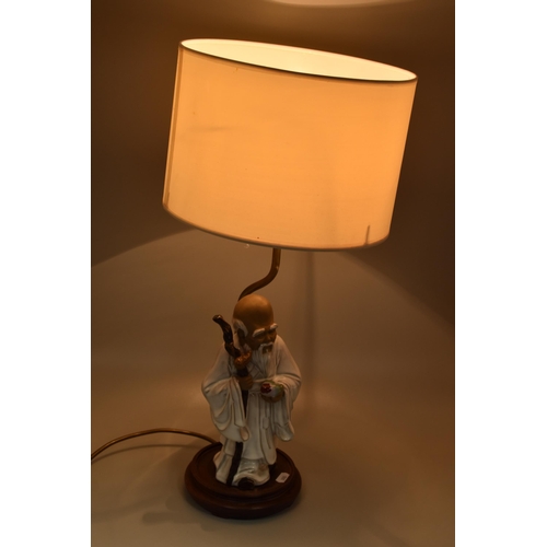 335 - Chinese God of Longevity Table Lamp with Wooden Plinth and Shade (Working) 22.5