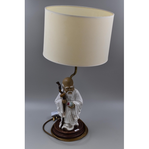 335 - Chinese God of Longevity Table Lamp with Wooden Plinth and Shade (Working) 22.5