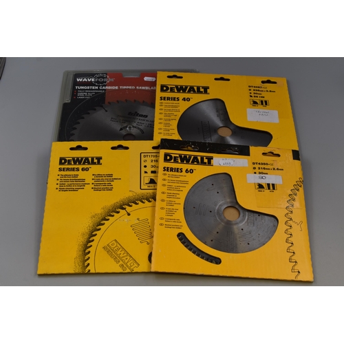 651 - Four Brand New Wood Cutting Disk to include DeWalt 216mm/ 235mm and Waveform 235mm