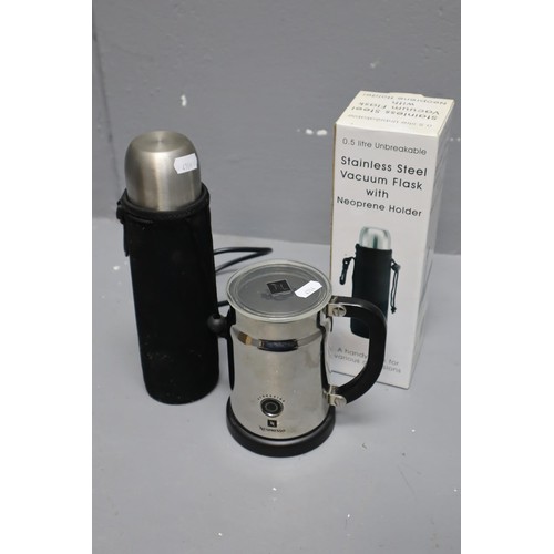 467 - Nespresso milk frother (worked when tested ) Plus two Stainless steel vacuum flask with neoprene hol... 