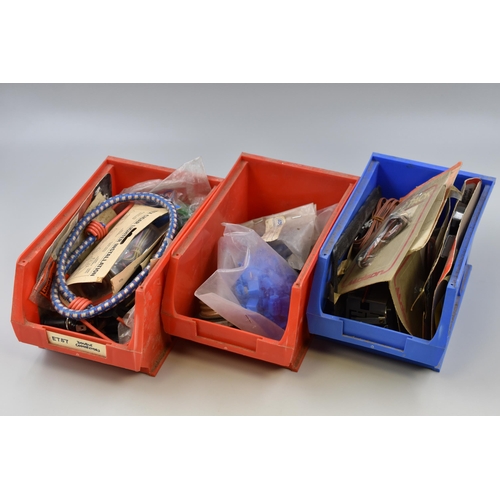 473 - Three Plastic Tubs of Vintage Sealed Car items to include Switches, Speaker cables, Caps and more