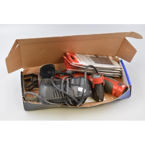 682 - Boxed Sealey 12v Cordless Rechargeable Reciprocating Saw with Lithium-Ion Battery and Packs of Spare... 