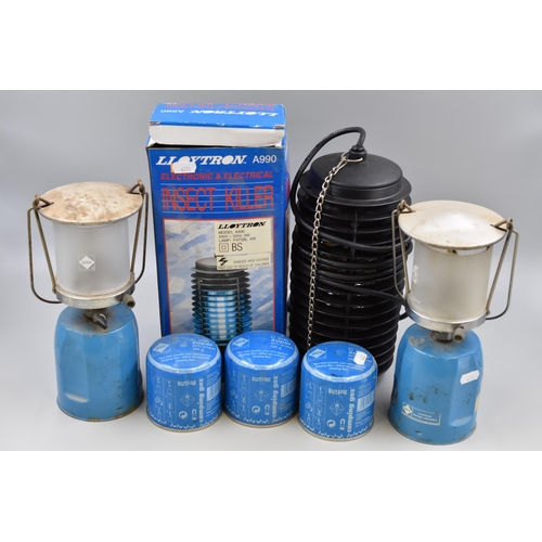 684 - Set of two Lumogaz gas lanterns & 3 extra gas cans. Plus Lloytron A990 electronic insect killer.