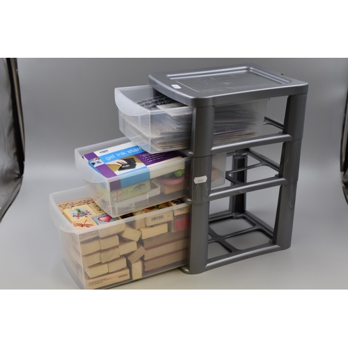 402 - A Three Drawer Plastic Desktop Organiser. With a Large Selection of Crafting Stamp Blocks and Associ... 