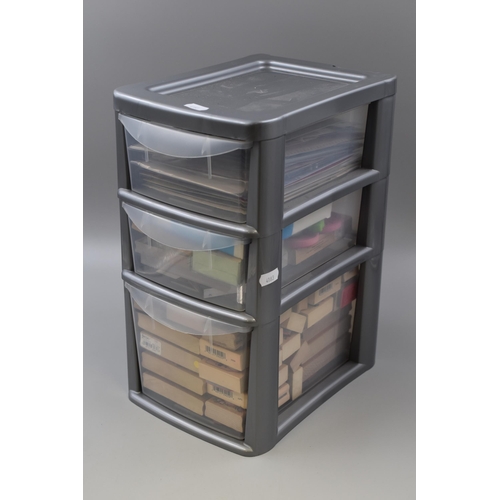 402 - A Three Drawer Plastic Desktop Organiser. With a Large Selection of Crafting Stamp Blocks and Associ... 