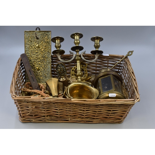 405 - Mixed Selection of Brassware Including Lamp, Candleholder, Rabone Spirit Level, Cowbell, Owls and Mo... 