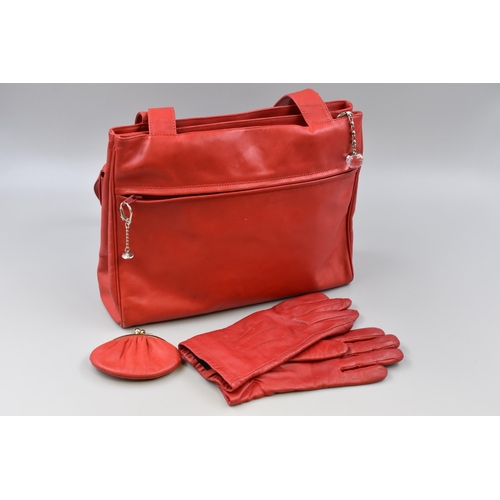 408 - A Selection of Red Leather Items To Include Enny Bag, Pair of Gloves and Purse