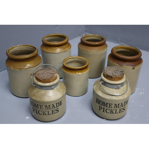 585 - A Selection of Vintage Stoneware Kitchen Containers To Include 'Homemade Pickles'