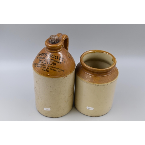 699 - Vintage Copper Posser and two Stoneware Containers including James Scott of Bolton dated 1935