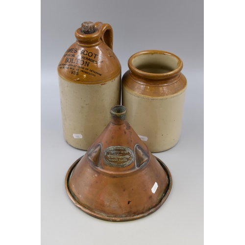 699 - Vintage Copper Posser and two Stoneware Containers including James Scott of Bolton dated 1935