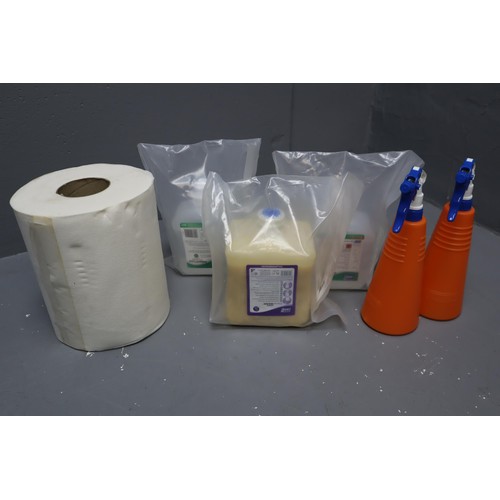 743 - Mixed Lot of New Cleaning Items to include Large Roll of Hand Towel, Spray Bottles, Two Bottles of F... 