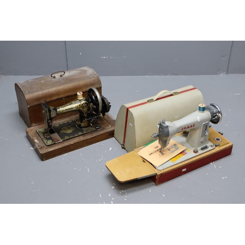 754 - Vintage Hand Cranked German Sewing Machine and a Jones Electric Sewing Machine (No Lead) both in Cas... 