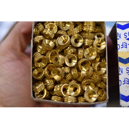 615 - Selection of brass screw cups x4. 1x6mm, 1x8mm, 2x10mm. Plus x4 boxes of surface screw cups sizes 4-... 