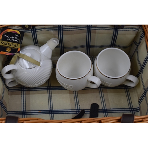 734 - Rattan Hamper Basket With Selection of 'Twinings' Tea Set Items to Include Porcelain Tea For One Set... 