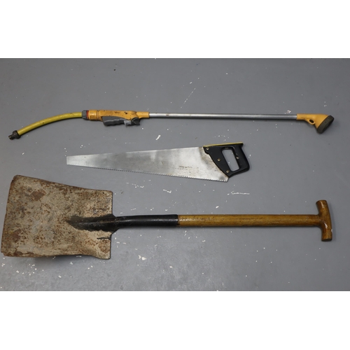 622 - Mixed Lot to include a Gardening Shovel, Hand Saw and a Hose Sprayer Lance