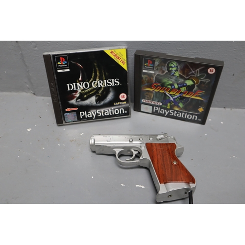 506 - PS1 accessories. x2 original PS1 controllers. 1x Commander controller. 1x scorpion pistol with recoi... 