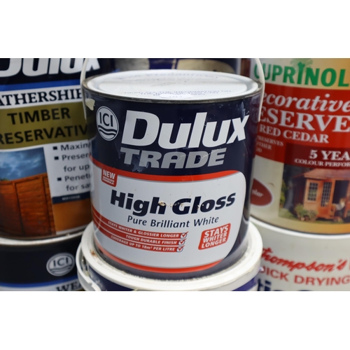 803 - Selection of Open Tubs of Paint, Patio Seal, Wood Stain, Concrete Protector and Gloss