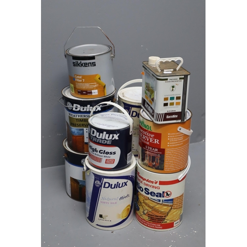 803 - Selection of Open Tubs of Paint, Patio Seal, Wood Stain, Concrete Protector and Gloss