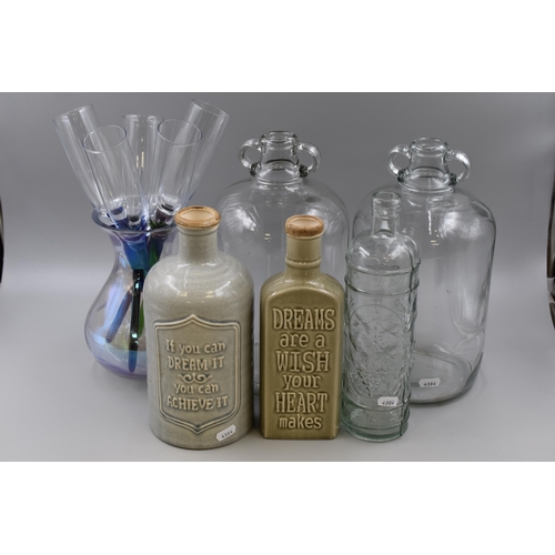 Two Demijohns, Set of Long Stemmed Harlequin Champagne Flutes, two Glazed Stoneware Motto Bottles and More