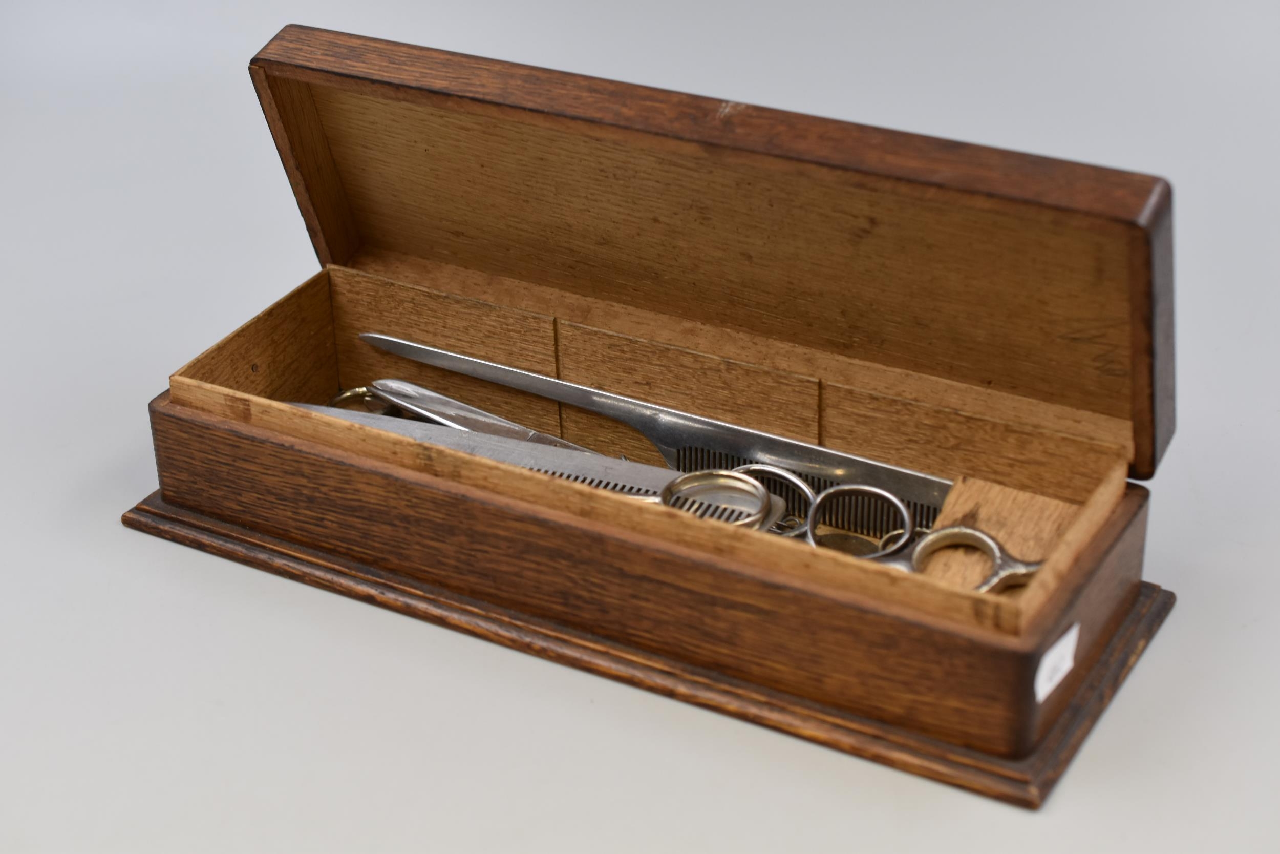 Vintage Oak Box to include a Selection of Scissors and Combs
