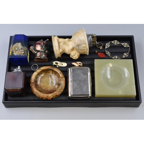 Mixed Tray including Hand-Carved Alabaster Owl Ashtray, Vintage Lighters and More