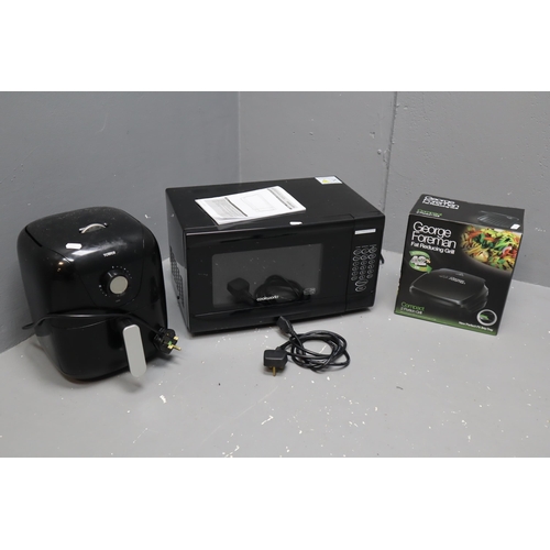 470 - George Forman fat reducing grill. Tower air fryer 1000w. Cookworks 700w micro wave all in black.