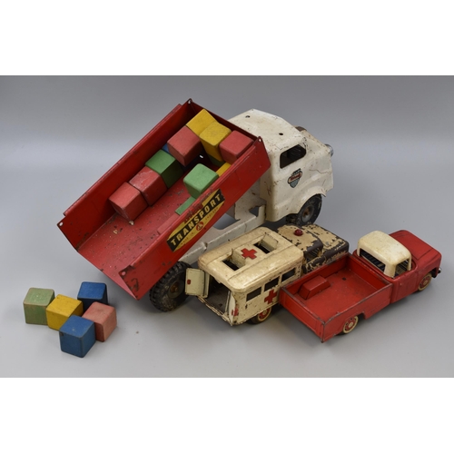 488 - Three Tin Plate Playworn Vehicles to Include Triang Transport Tipper With Wooden Blocks ( approx 15