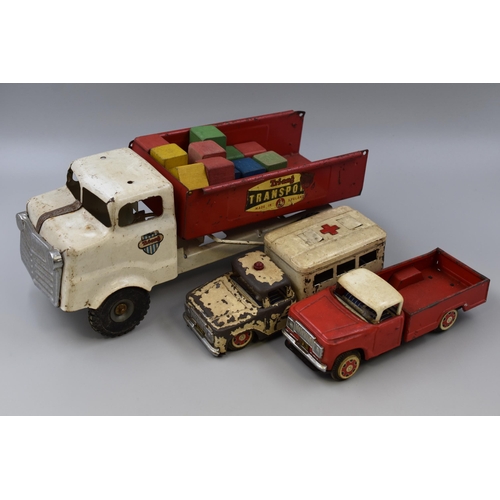 488 - Three Tin Plate Playworn Vehicles to Include Triang Transport Tipper With Wooden Blocks ( approx 15