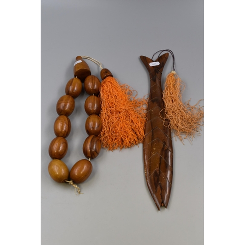 Two Olive Wood Wall Hanging Decorations. Includes Fish and Beaded