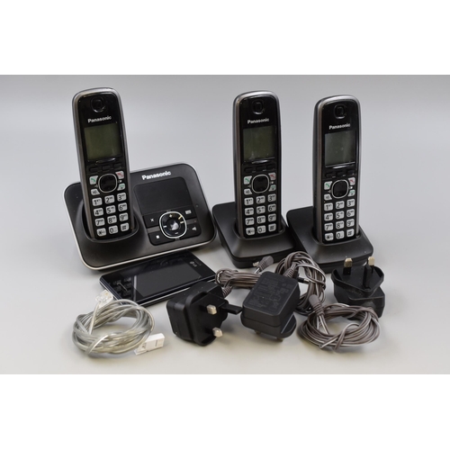 539 - Set of 3 Panasonic landlines with bases & LG Optimus L3 II (started charging when tested and boo... 