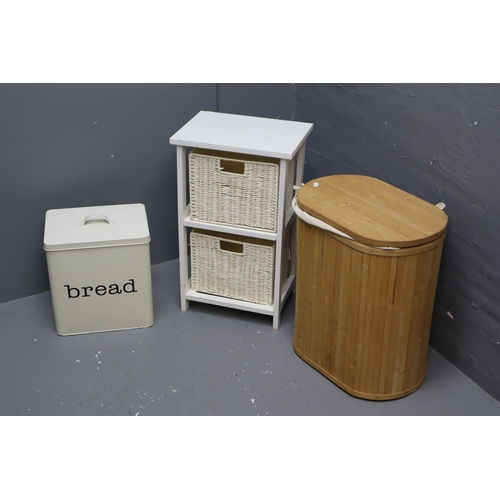 546 - 1x Metal Bread bin 1x bathroom wicker drawers & 1x wooden cloths basket.