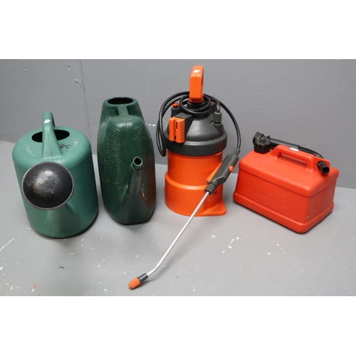 593 - Mixed Selection to include Two Watering Cans, Gardena Sprayer and a Petrol Can