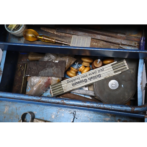 676 - A Blue Metal Cantilever Toolbox With A Selection of Tools. To Include Files, Bits, Screwdrivers and ... 