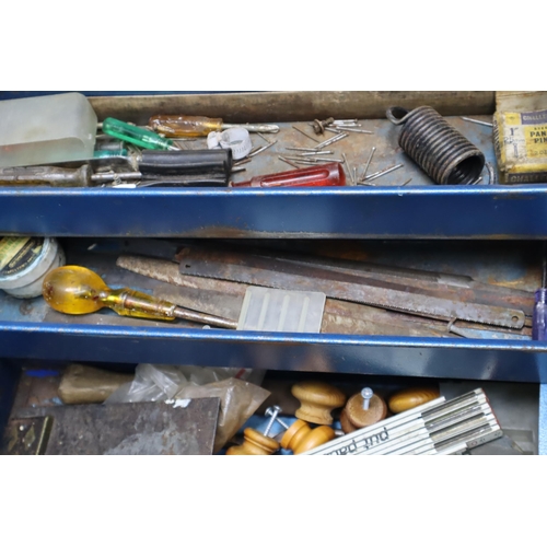 676 - A Blue Metal Cantilever Toolbox With A Selection of Tools. To Include Files, Bits, Screwdrivers and ... 