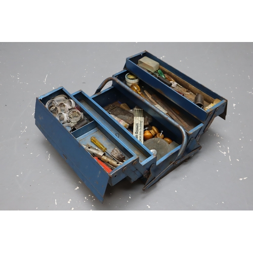 676 - A Blue Metal Cantilever Toolbox With A Selection of Tools. To Include Files, Bits, Screwdrivers and ... 