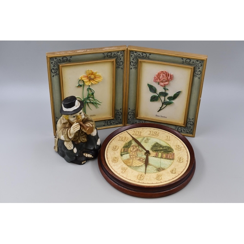 718 - Mixed Selection Including Interpur Hobo Clown Music Box, Fishing Wall Clock and Flower Wall Plaques ... 