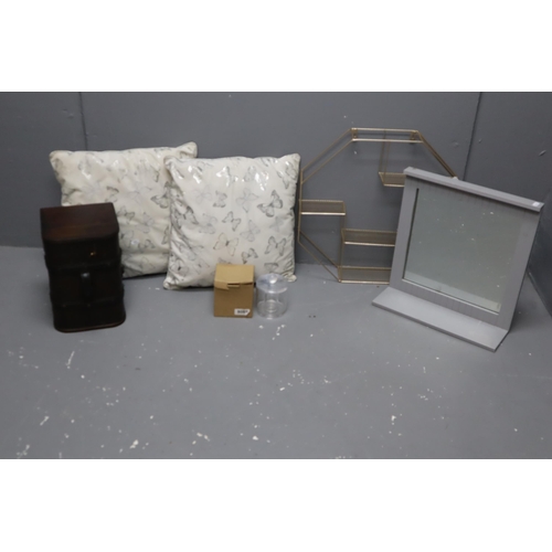 781 - Mixed Lot to include Butterfly Cushions, Cotton Bud Dispenser/Holder, Grey Wall Mirror and Hexagonal... 