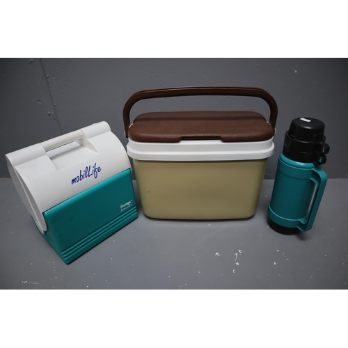 788 - Two Retro Cool Boxes, also includes Thermos Flask (Largest 12” x 16”)