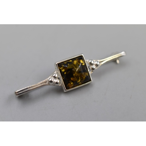 Silver 925 Brooch with Amber Stone (2")