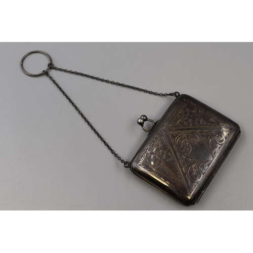 31 - Sterling Silver Decorated Purse with Chain and Ring