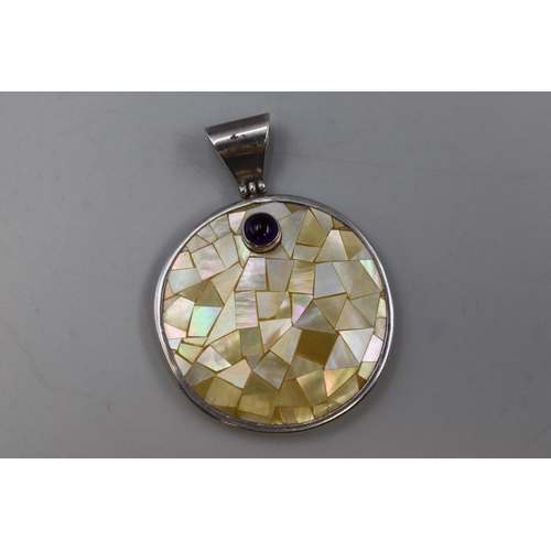 60 - Large Mother Of Pearl Silver 925 Pendant with Purple Stone (4cm Dia)