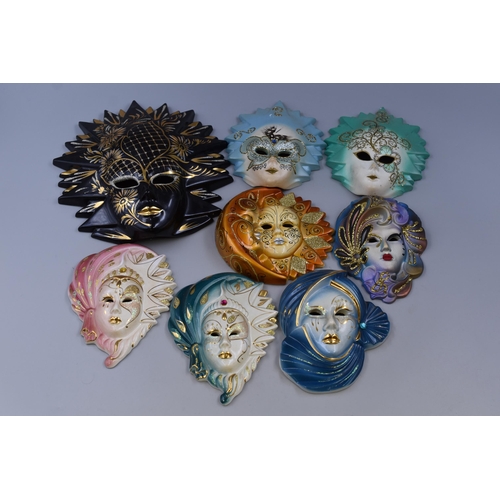 466 - A Selection of Eight Wall Hanging Venetian Style Face Masks, Largest Approx 11