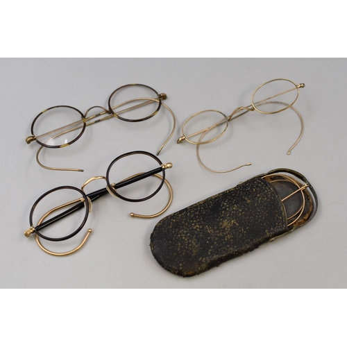 63 - Four Pairs of Antique Gold Tone Glasses (One Missing Lenses)