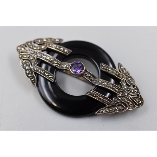 65 - Art Deco Marcasite, Jet, and Amethyst Brooch