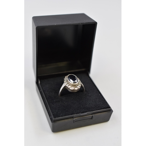 68 - Vintage Silver Marcasite Black Stoned Ring Complete with Presentation Box