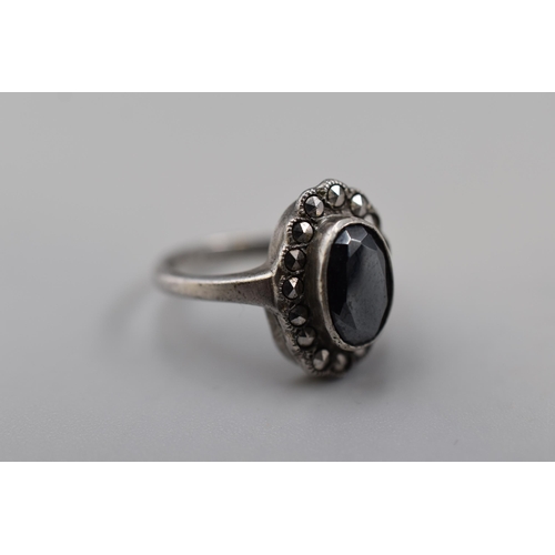 68 - Vintage Silver Marcasite Black Stoned Ring Complete with Presentation Box